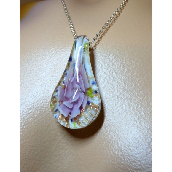 Murano Hand Blown Pink Floral Glass Pendant Copper Yellow Blue - Picture 3 of 9